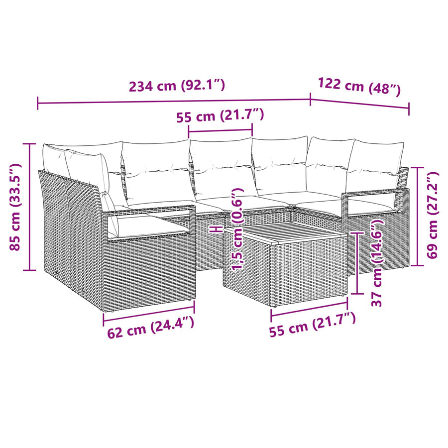 Tuinbankenset met kussen 7 pcs Zwart poly rattan