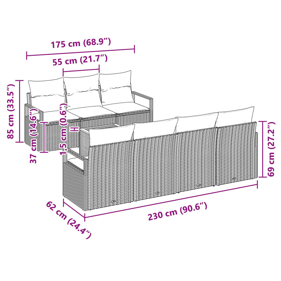 Tuinbankenset met kussen 8 pcs Grijs poly rattan