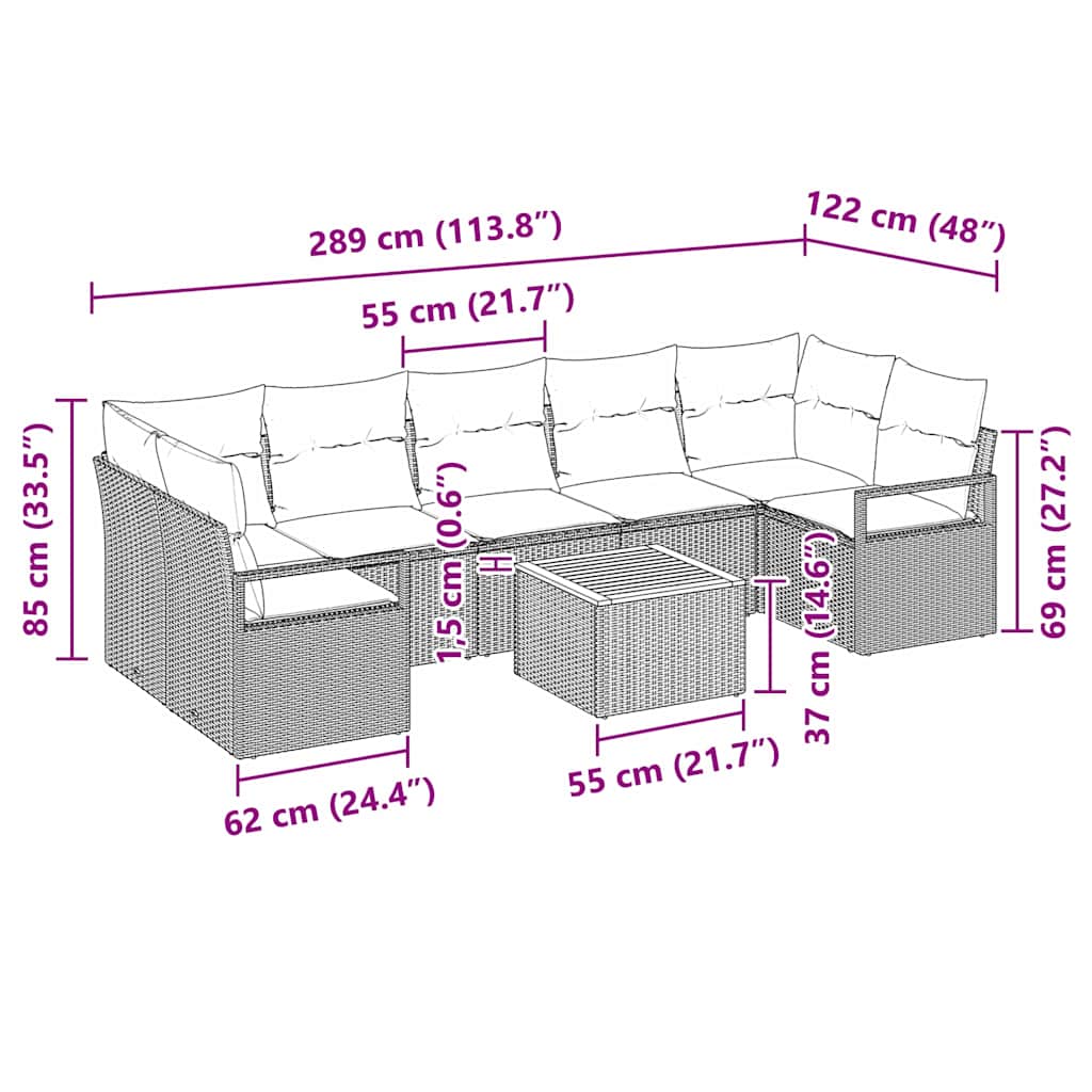 Tuinbankenset met kussen 8 pcs Zwart poly rattan