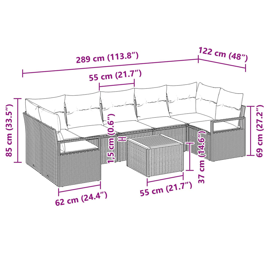 Tuinbankenset met kussen 8 pcs Grijs poly rattan