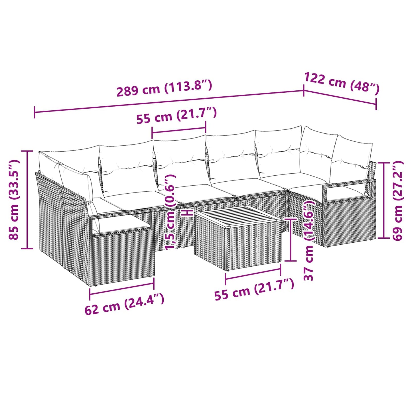 Tuinbankenset met kussen 8 pcs Zwart poly rattan