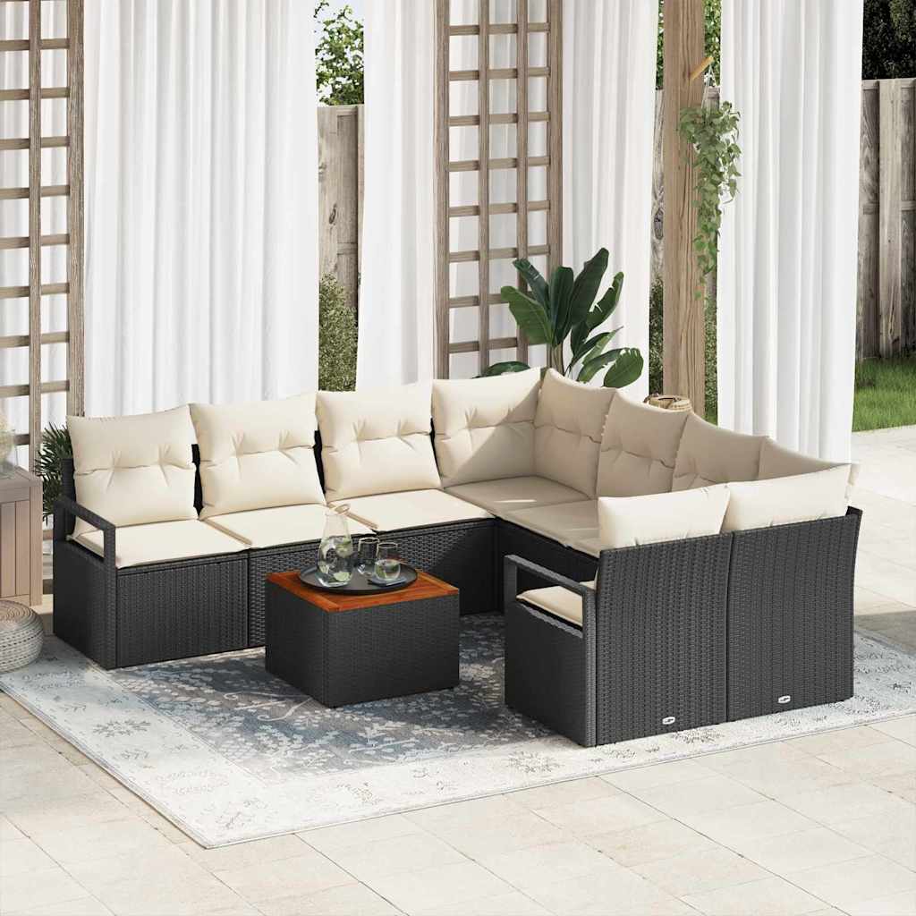 Tuinbankenset met kussen 9 pcs Zwart poly rattan