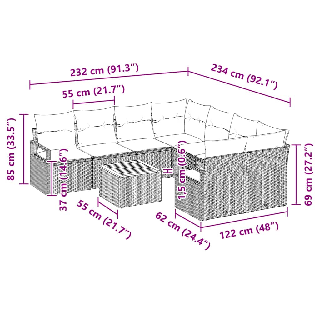 Tuinbankenset met kussen 9 pcs Zwart poly rattan