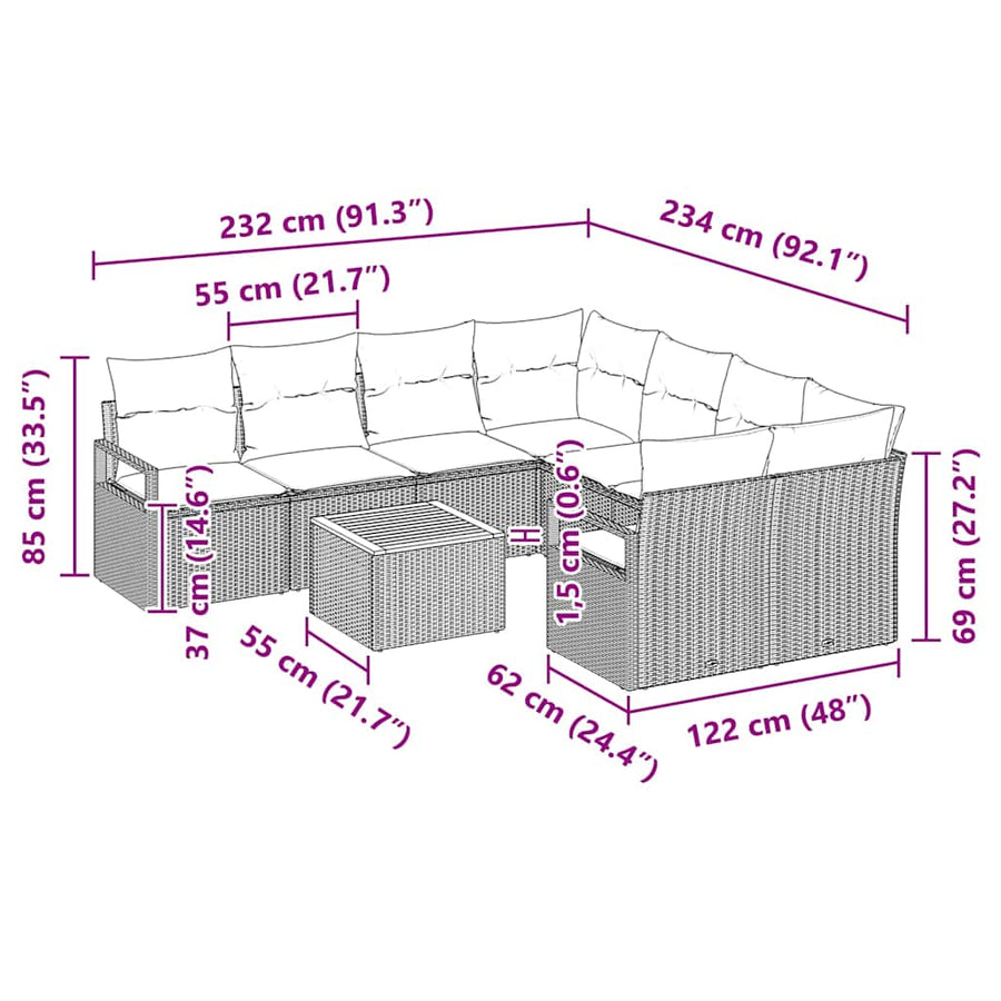 Tuinbankenset met kussen 9 pcs Grijs poly rattan
