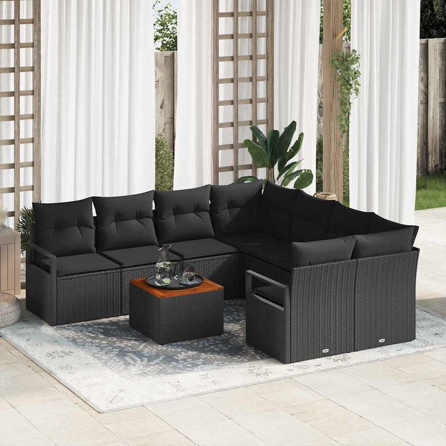 Tuinbankenset met kussen 9 pcs Zwart poly rattan