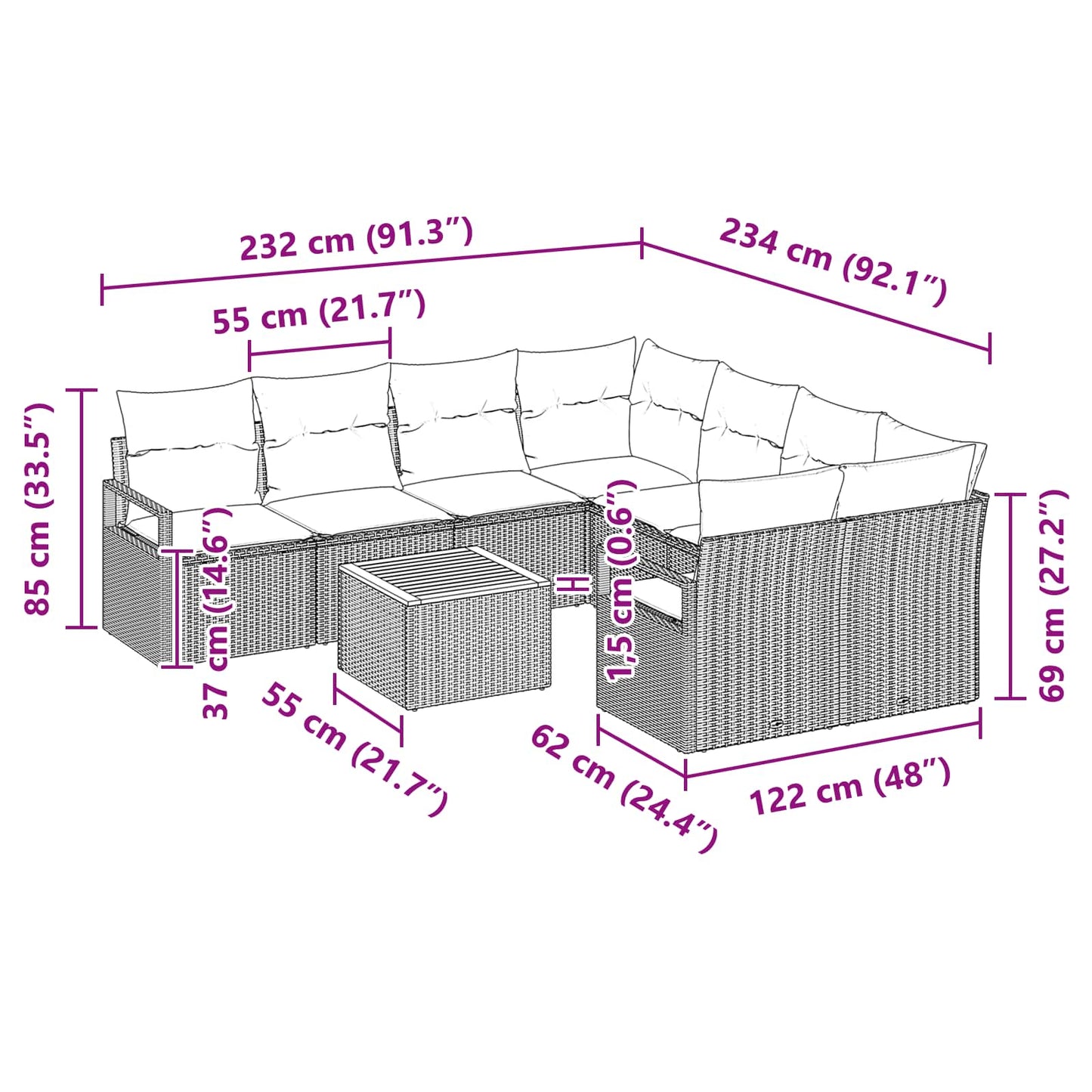 Tuinbankenset met kussen 9 pcs Zwart poly rattan