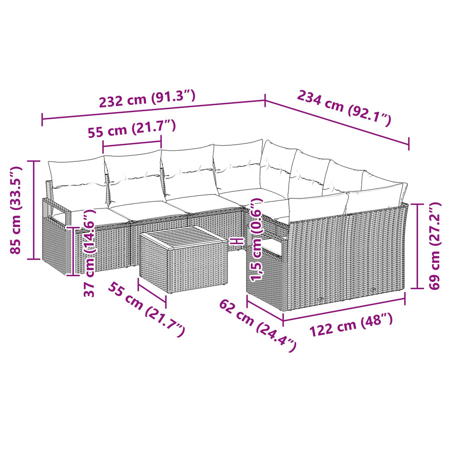 Tuinbankenset met kussen 9 pcs Zwart poly rattan