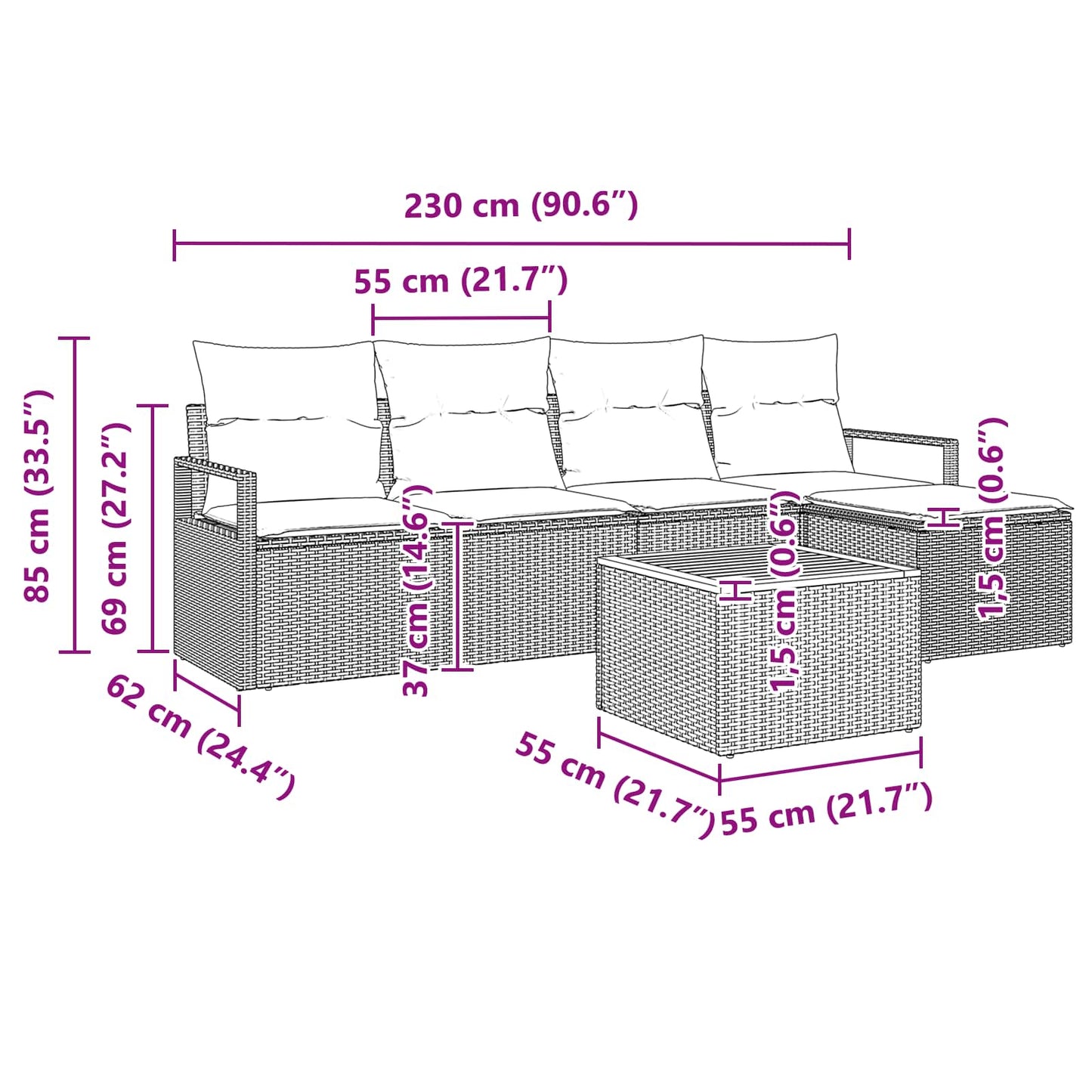 Tuinbankenset met kussen 6 pcs Grijs poly rattan