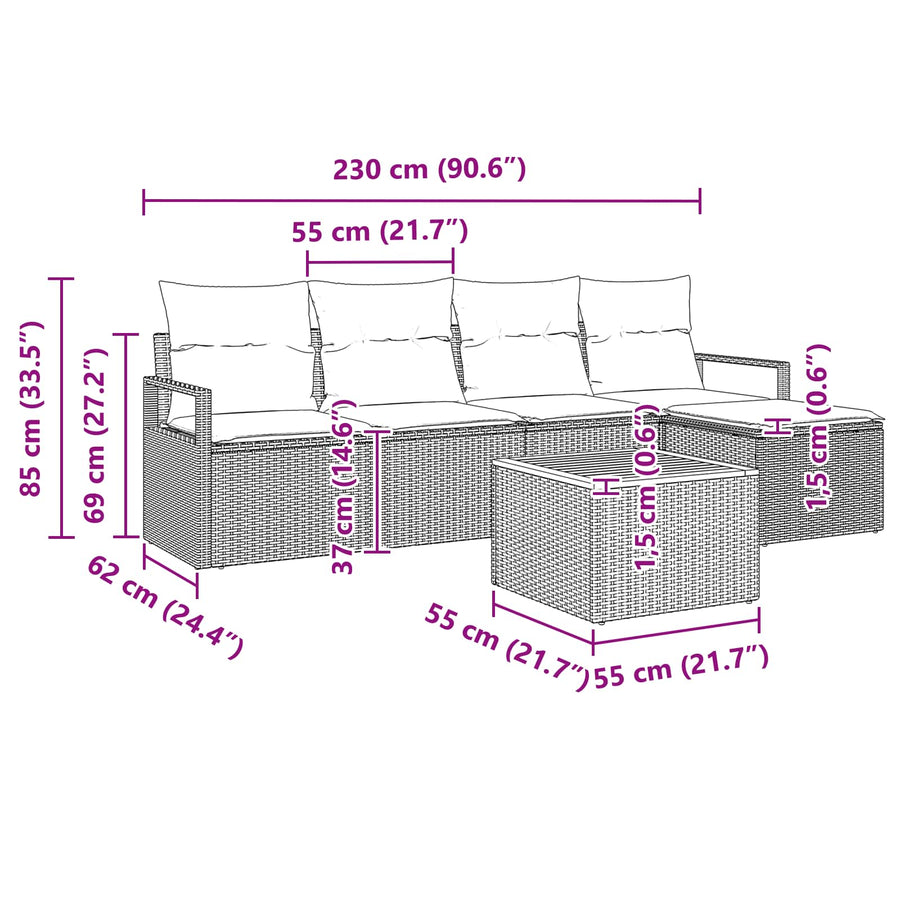 Tuinbankenset met kussen 6 pcs Zwart poly rattan