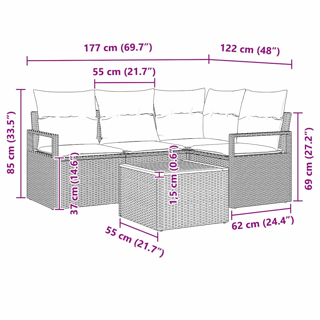 Tuinbankenset met kussen 5 pcs Zwart poly rattan
