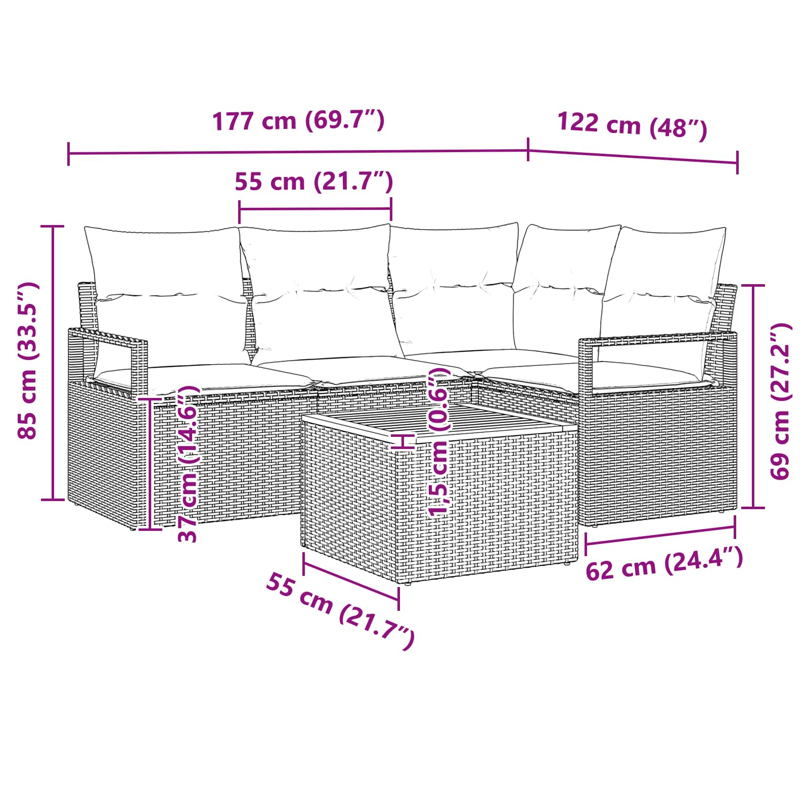 Tuinbankenset met kussen 5 pcs Grijs poly rattan