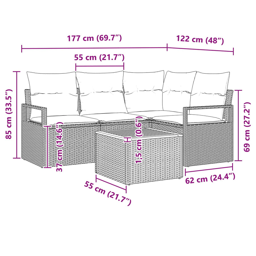 Tuinbankenset met kussen 5 pcs Grijs poly rattan