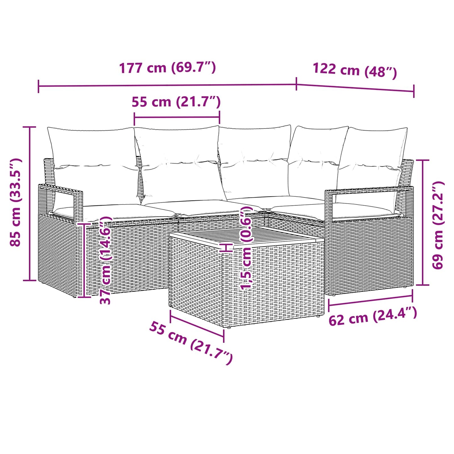 Tuinbankenset met kussen 5 pcs Zwart poly rattan