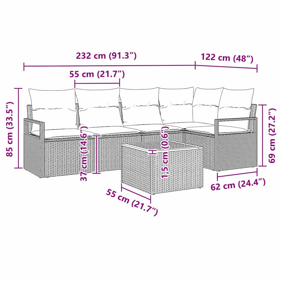 Tuinbankenset met kussen 6 pcs Zwart poly rattan