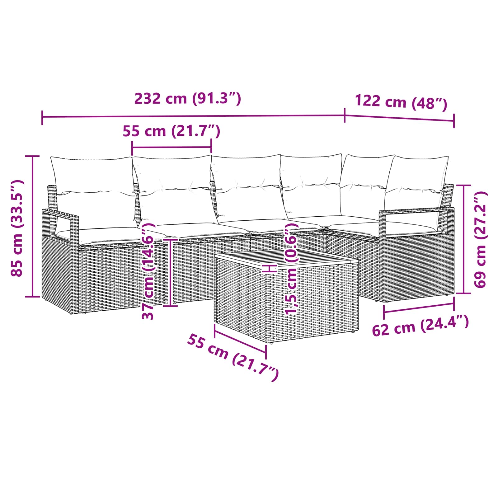 Tuinbankenset met kussen 6 pcs Grijs poly rattan