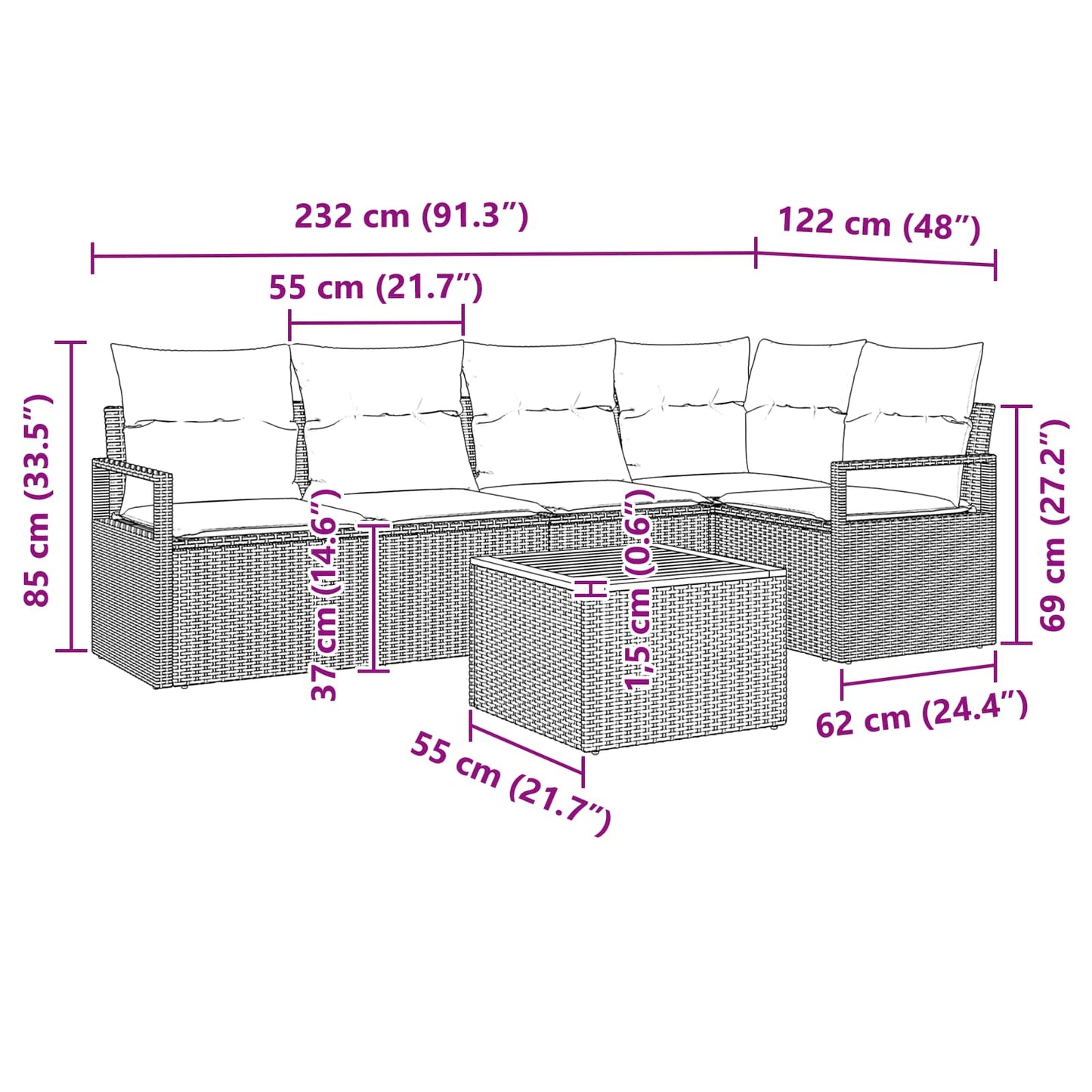 Tuinbankenset met kussen 6 pcs Zwart poly rattan