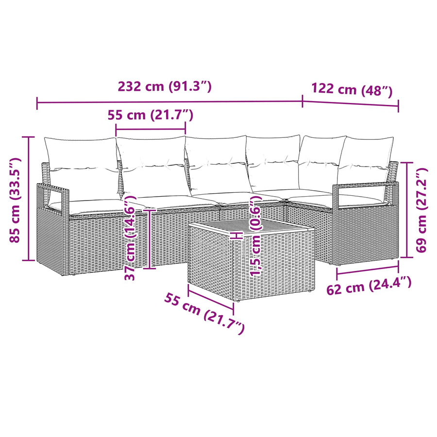 Tuinbankenset met kussen 6 pcs Zwart poly rattan