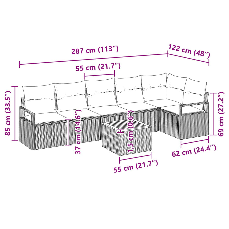 Tuinbankenset met kussen 7 pcs Zwart poly rattan
