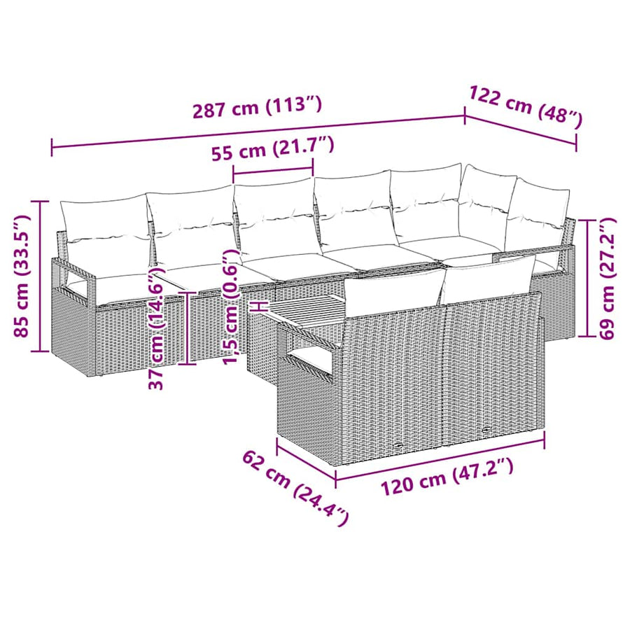 Tuinbankenset met kussen 9 pcs Zwart poly rattan
