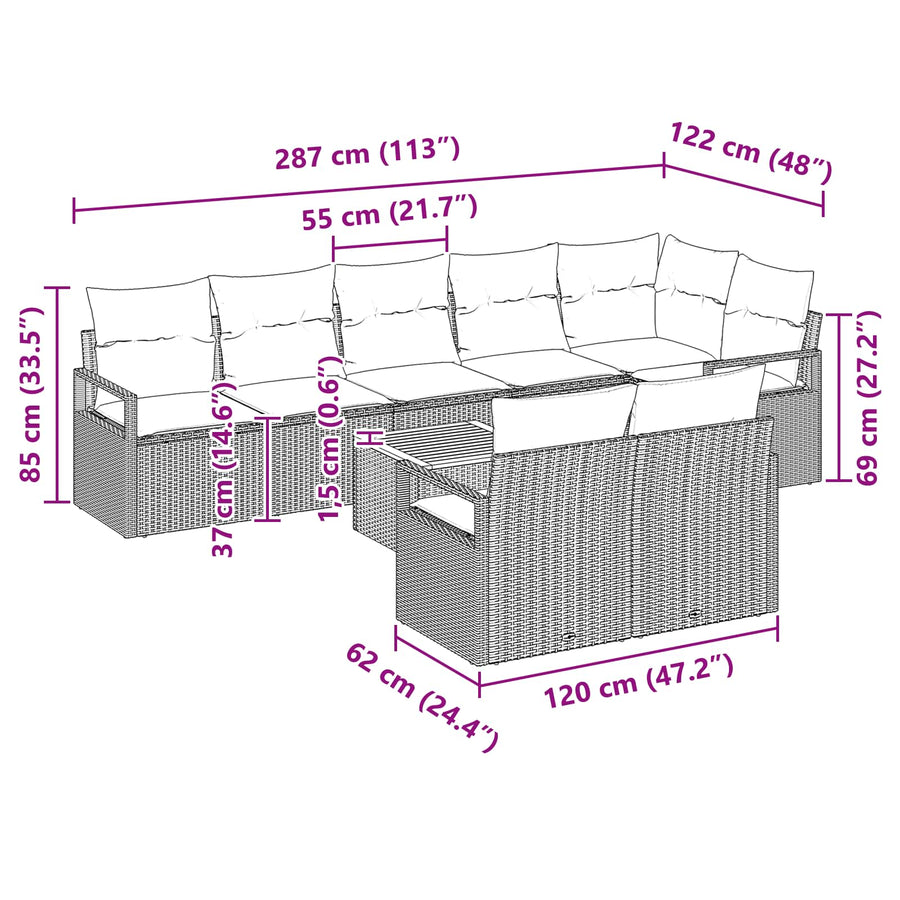 Tuinbankenset met kussen 9 pcs Zwart poly rattan