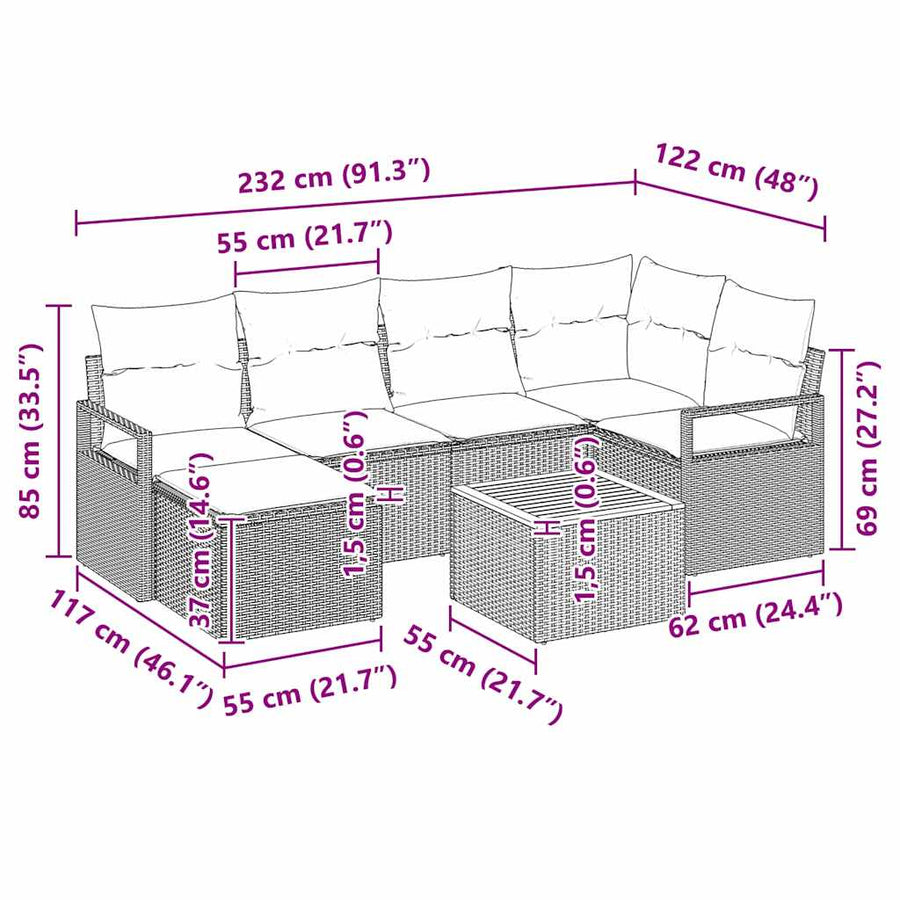 Tuinbankenset met kussen 7 pcs Zwart poly rattan