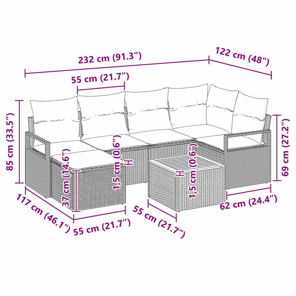 Tuinbankenset met kussen 7 pcs Zwart poly rattan