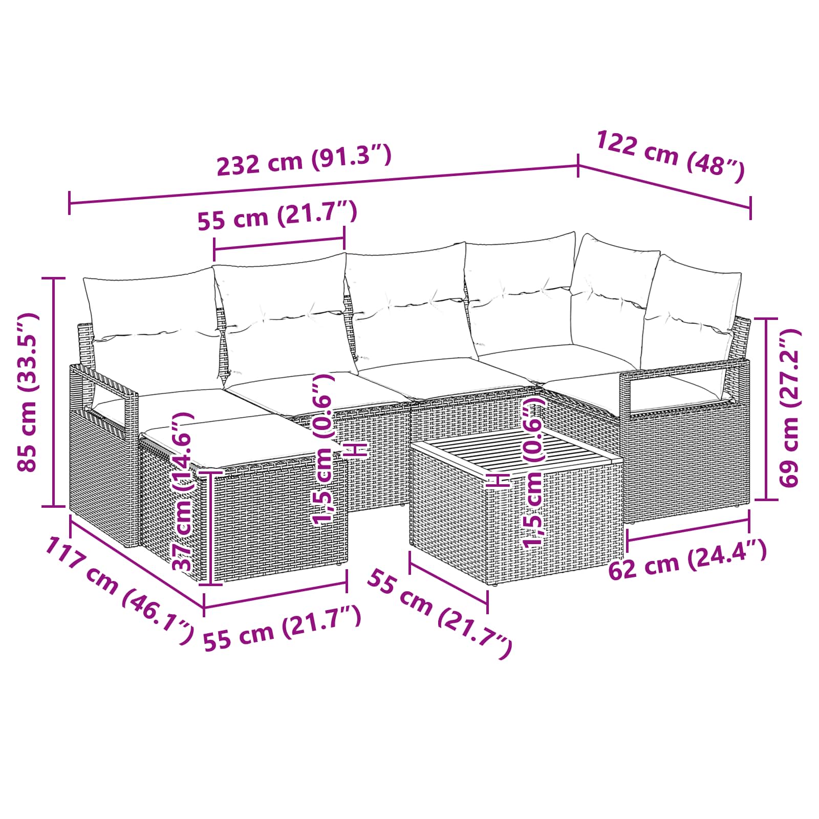 Tuinbankenset met kussen 7 pcs Zwart poly rattan