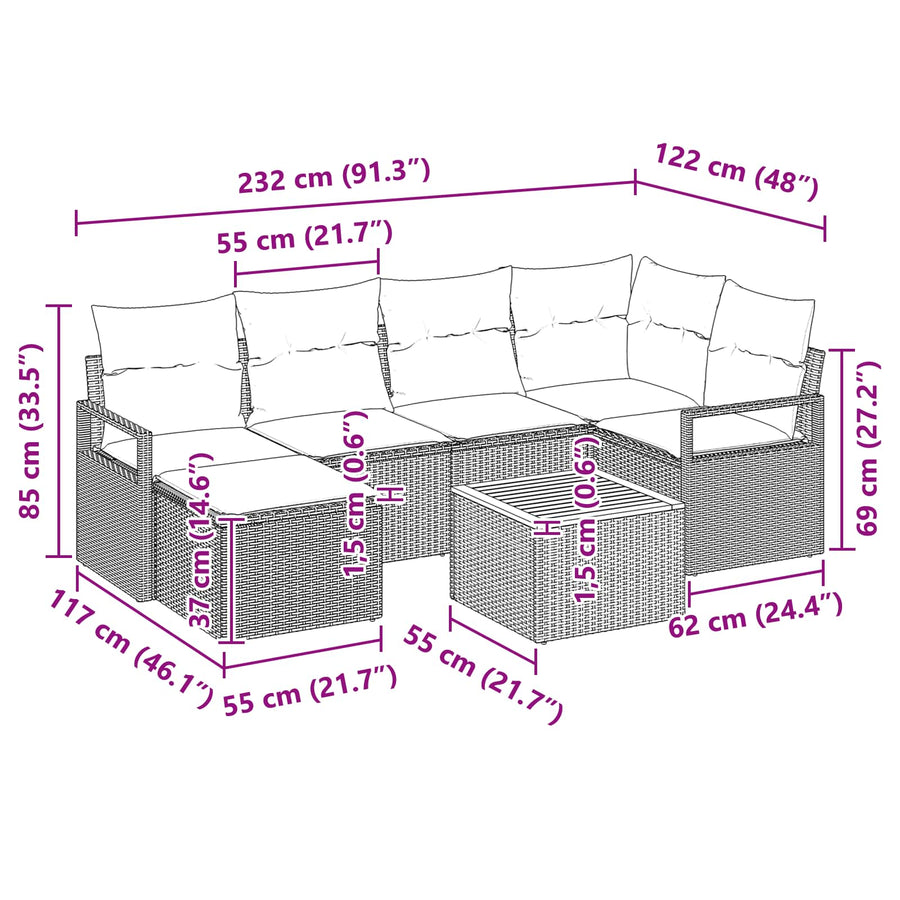 Tuinbankenset met kussen 7 pcs Zwart poly rattan