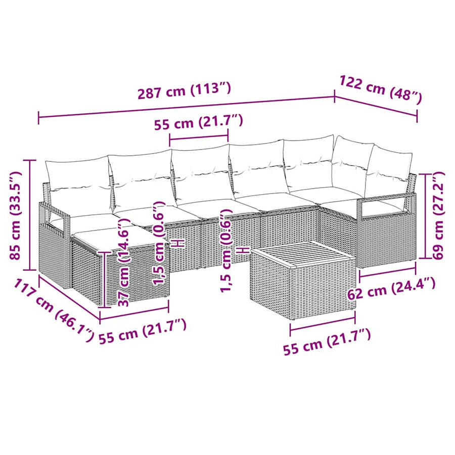 Tuinbankenset met kussen 8 pcs Zwart poly rattan