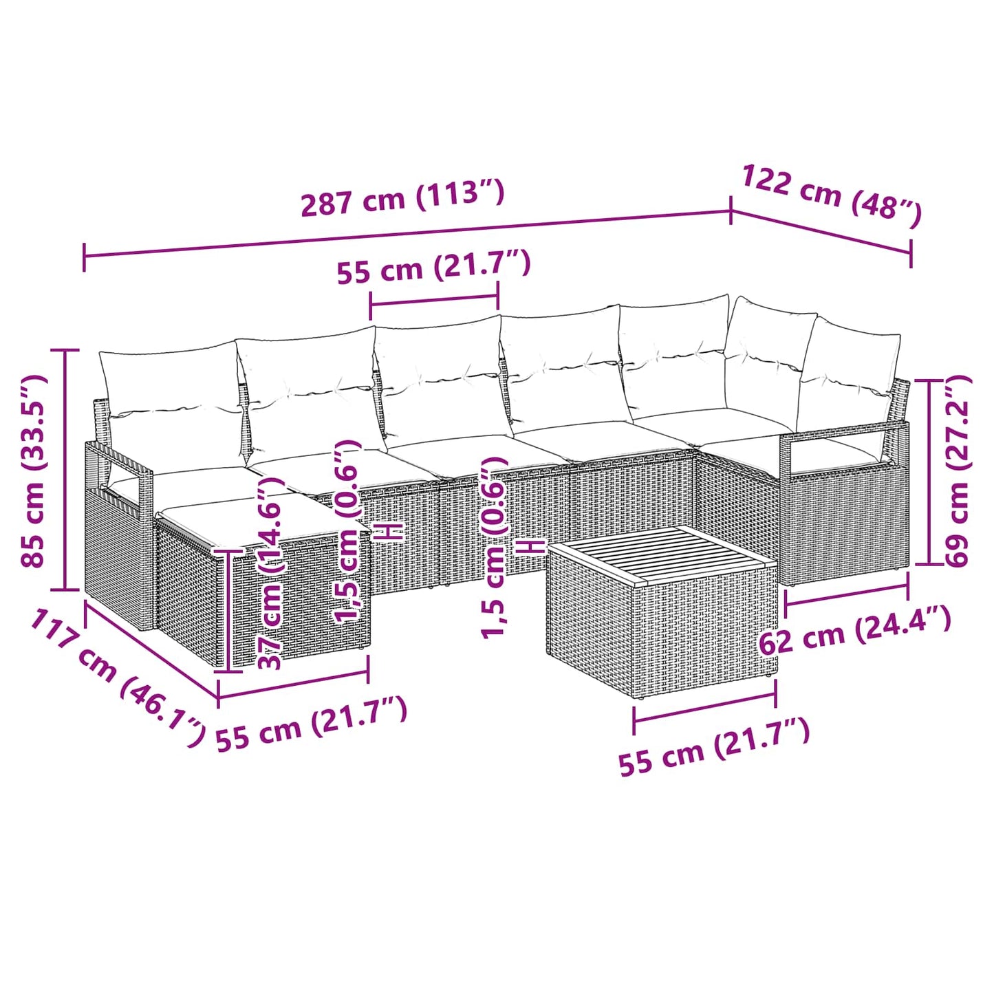 Tuinbankenset met kussen 8 pcs Grijs poly rattan