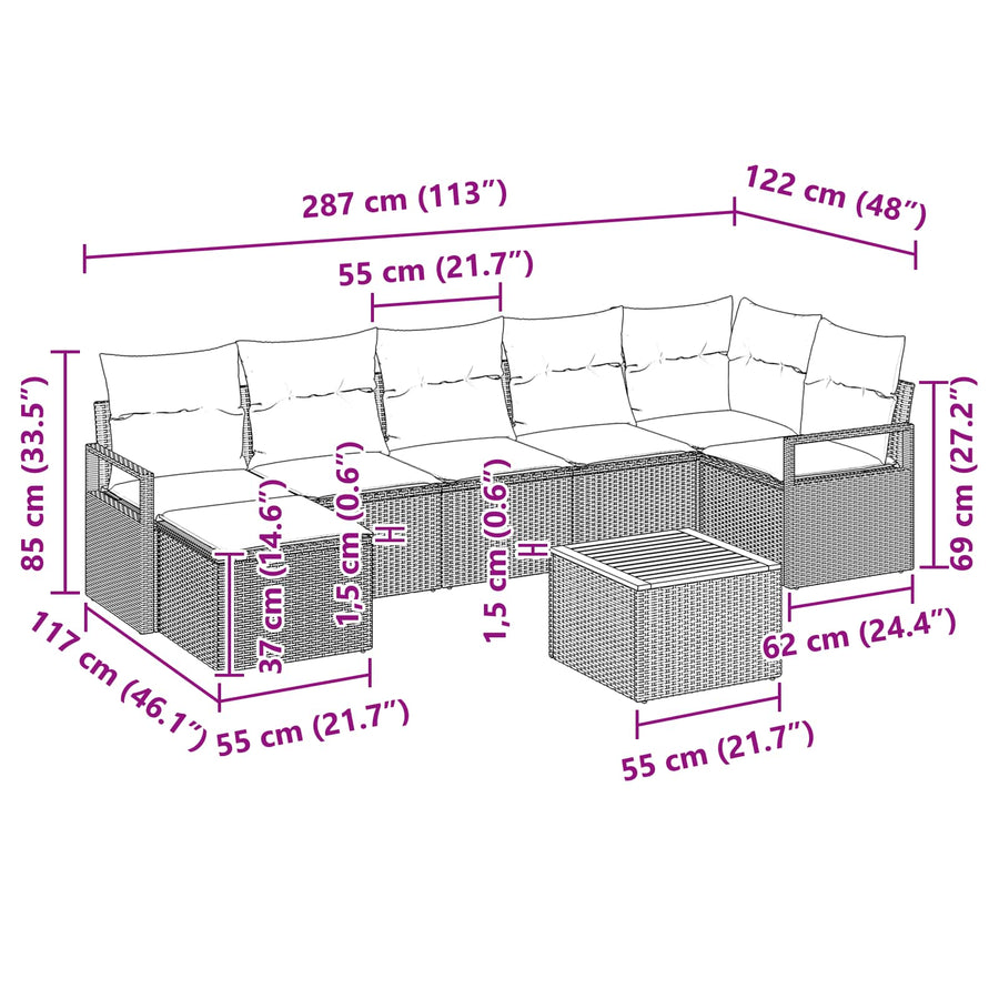 Tuinbankenset met kussen 8 pcs Zwart poly rattan