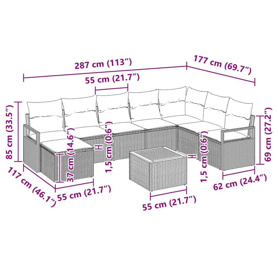 Tuinbankenset met kussen 9 pcs Zwart poly rattan