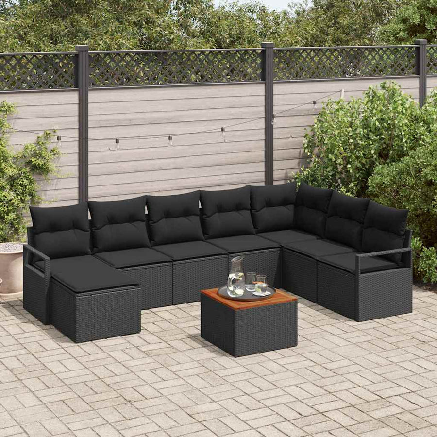 Tuinbankenset met kussen 9 pcs Zwart poly rattan