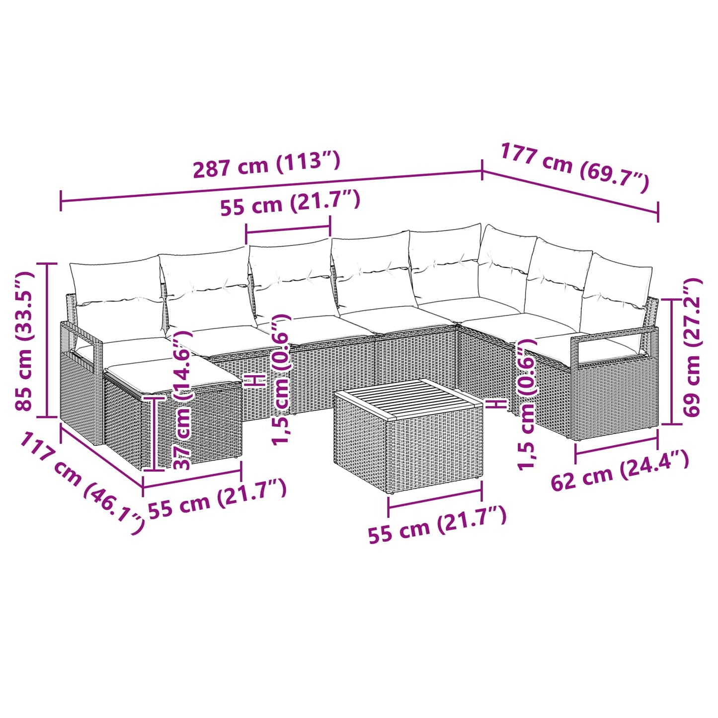 Tuinbankenset met kussen 9 pcs Grijs poly rattan
