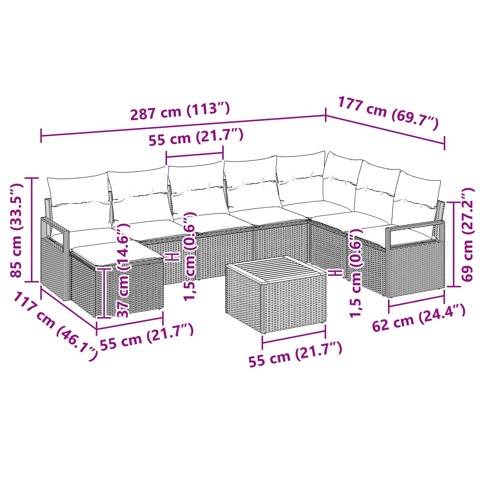 Tuinbankenset met kussen 9 pcs Zwart poly rattan