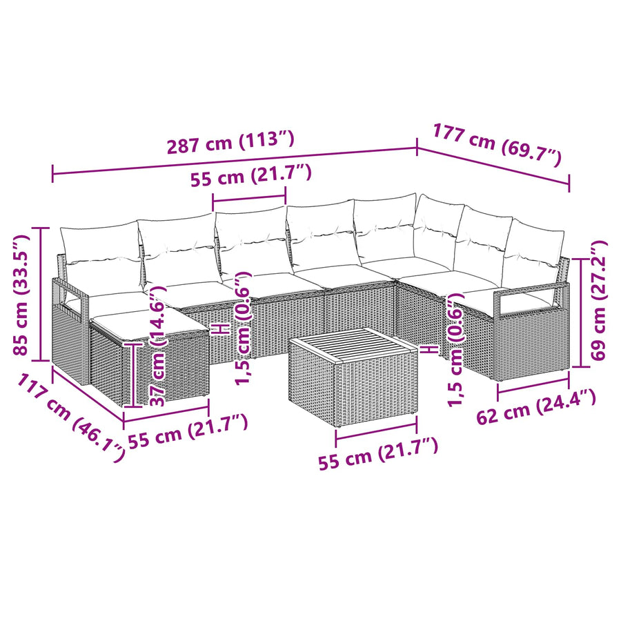 Tuinbankenset met kussen 9 pcs Zwart poly rattan