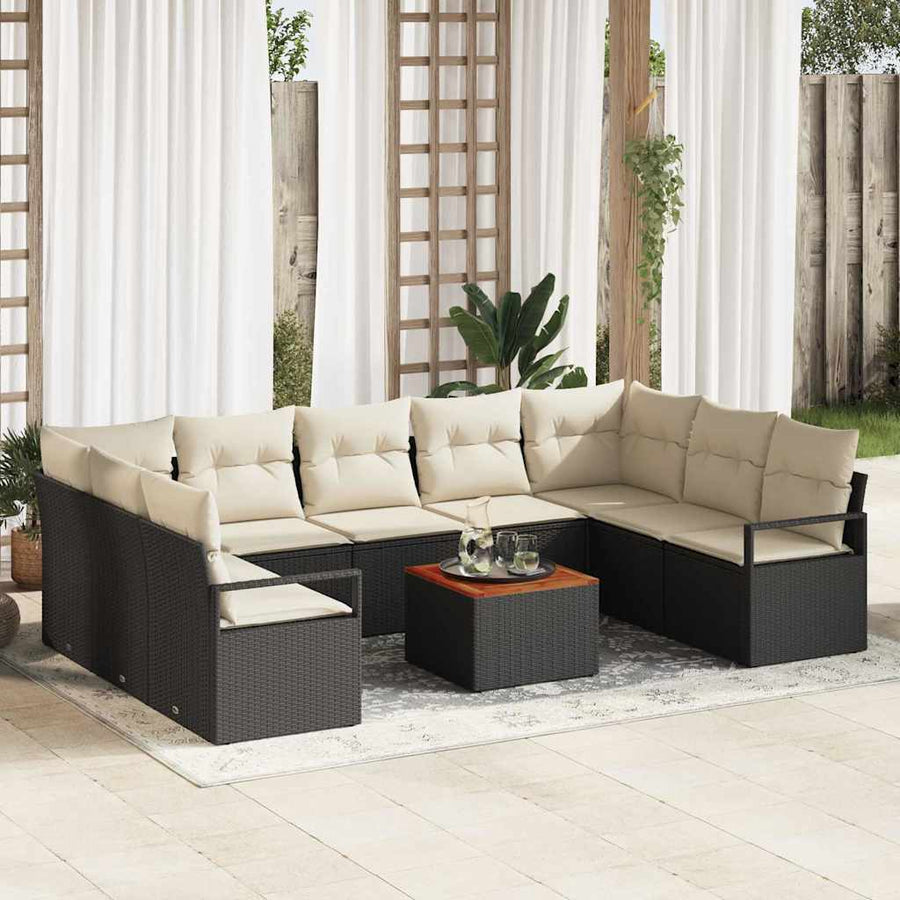 Tuinbankenset met kussen 10 pcs Zwart poly rattan