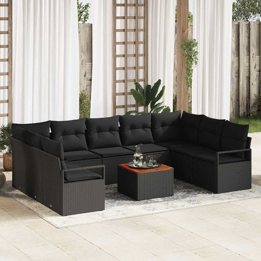 Tuinbankenset met kussen 10 pcs Zwart poly rattan