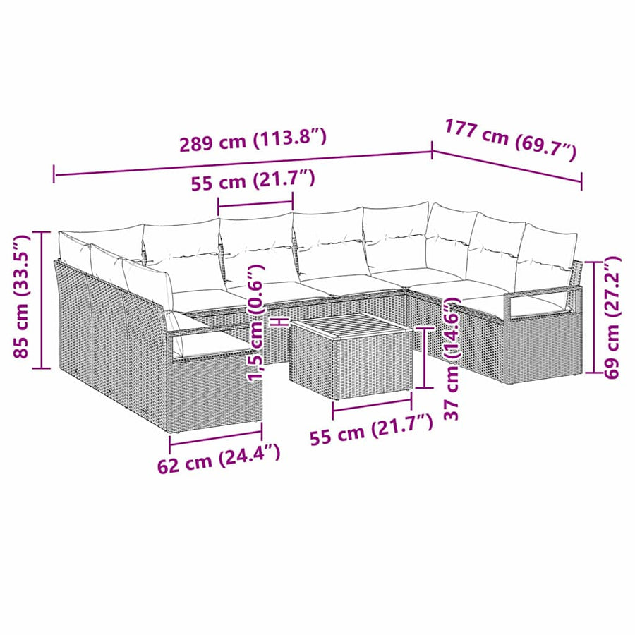 Tuinbankenset met kussen 10 pcs Zwart poly rattan