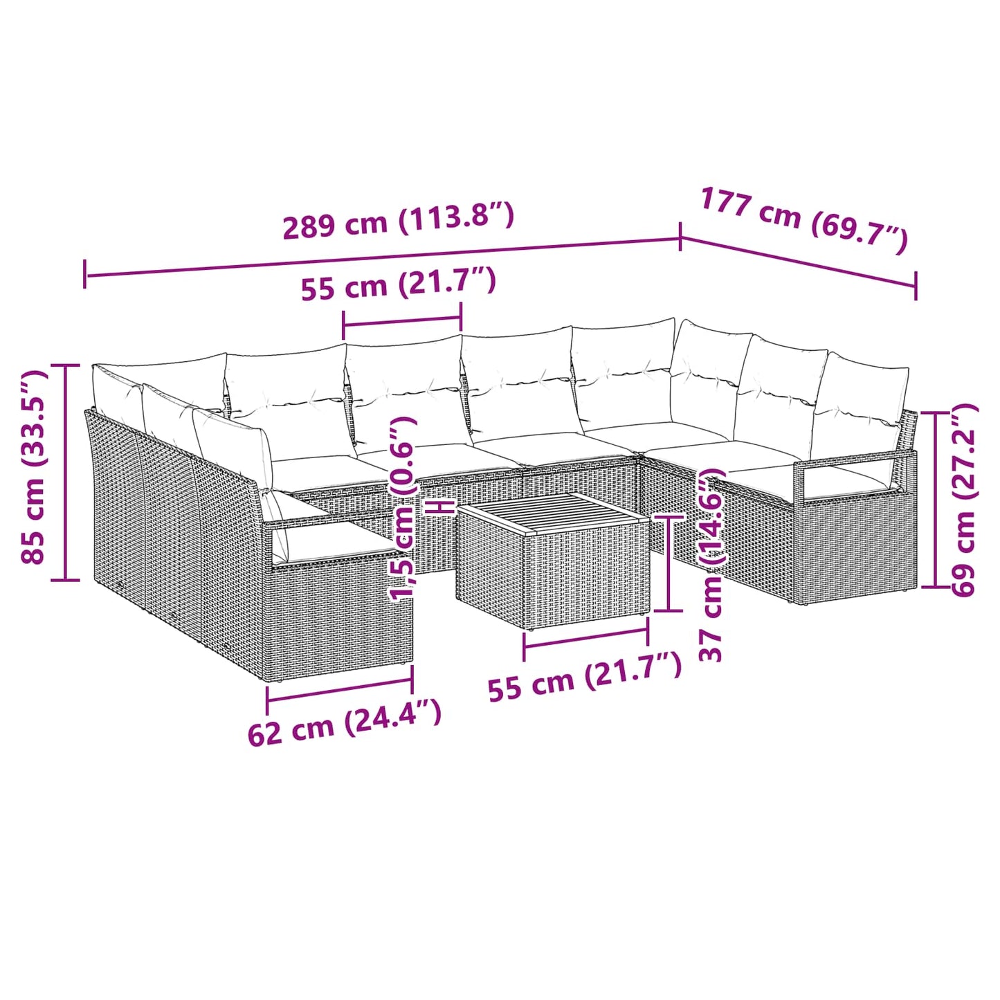 Tuinbankenset met kussen 10 pcs Zwart poly rattan