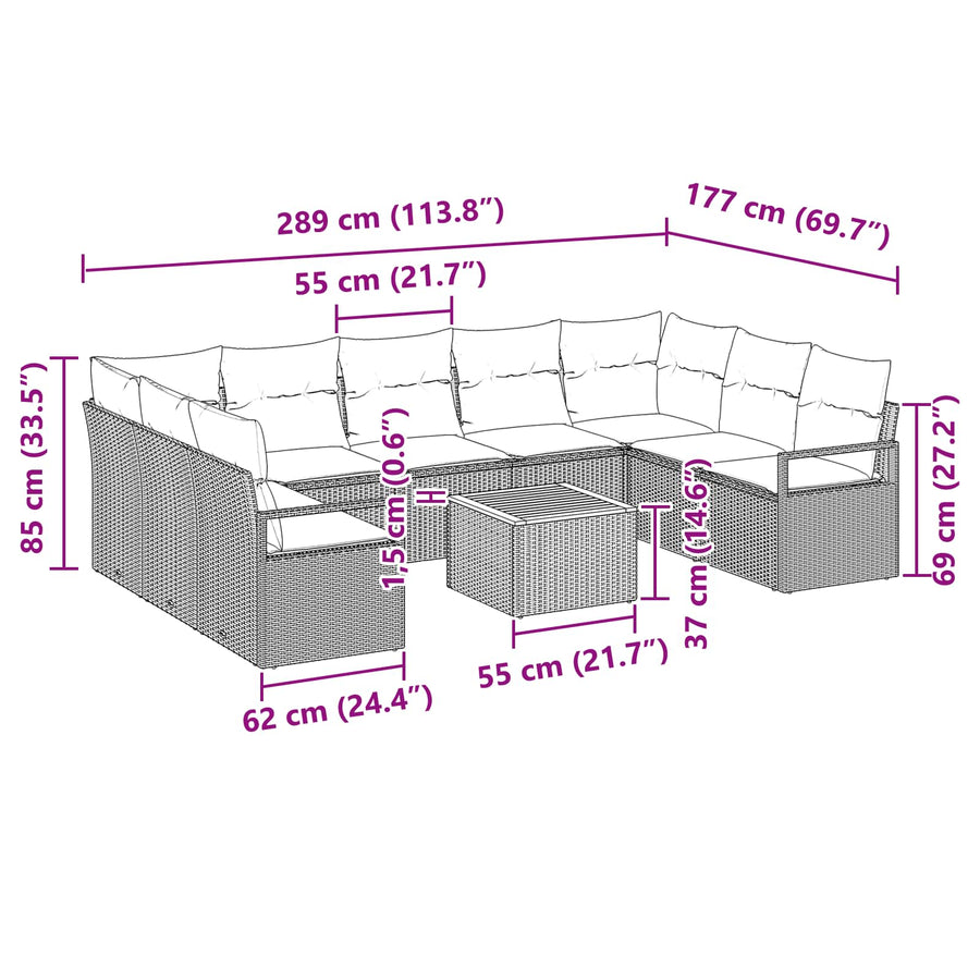 Tuinbankenset met kussen 10 pcs Zwart poly rattan