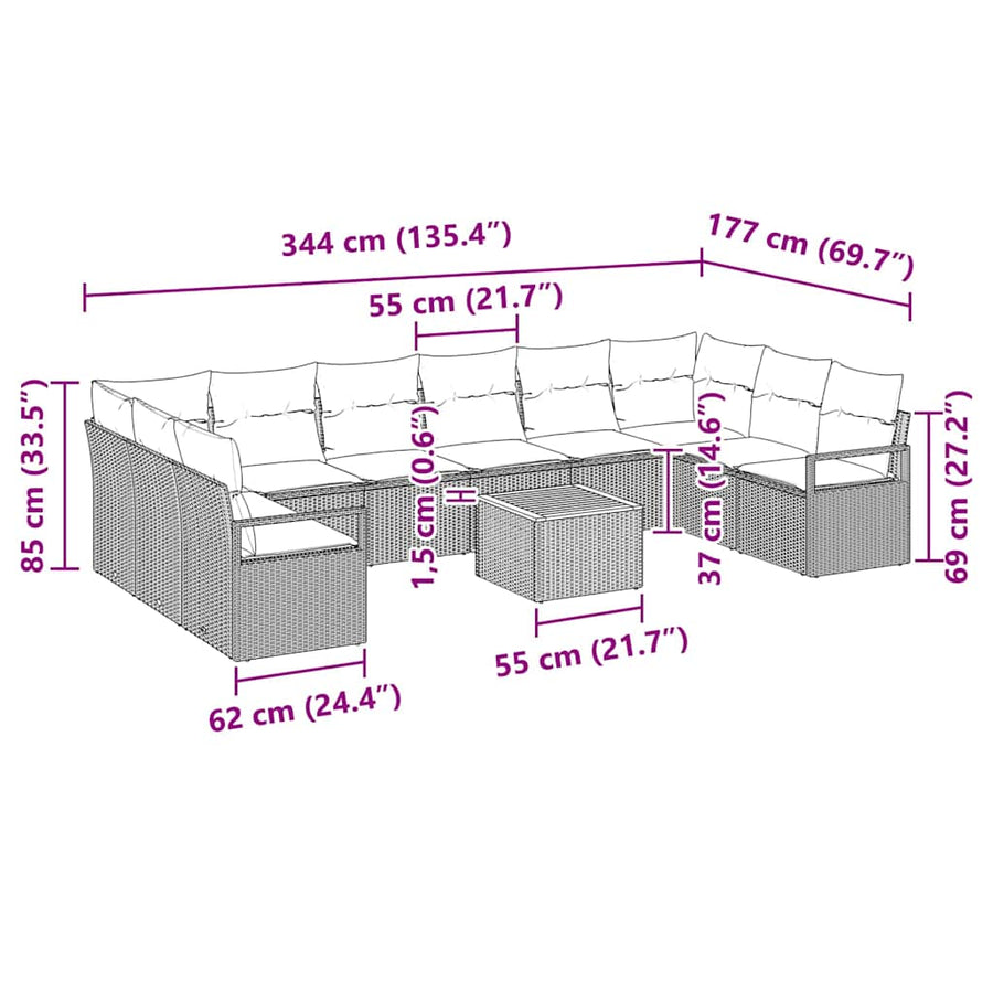 Tuinbankenset met kussen 11 pcs Zwart poly rattan