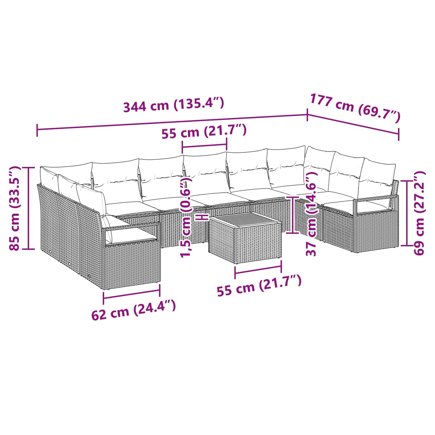 Tuinbankenset met kussen 11 pcs Zwart poly rattan