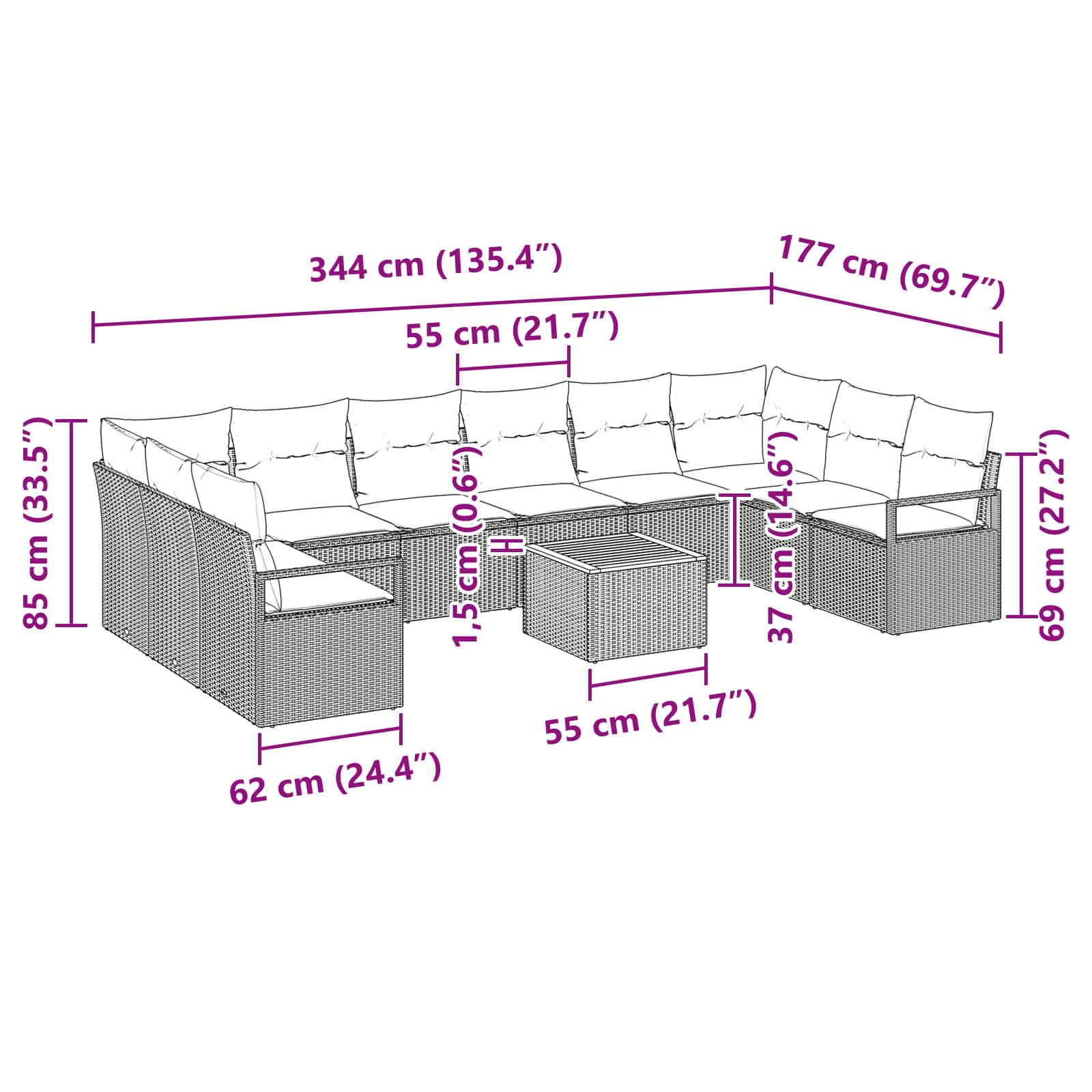 Tuinbankenset met kussen 11 pcs Zwart poly rattan