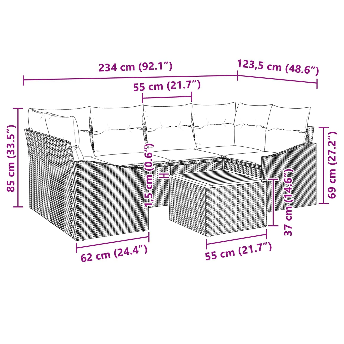 Tuinbankenset met kussen 7 pcs Zwart poly rattan