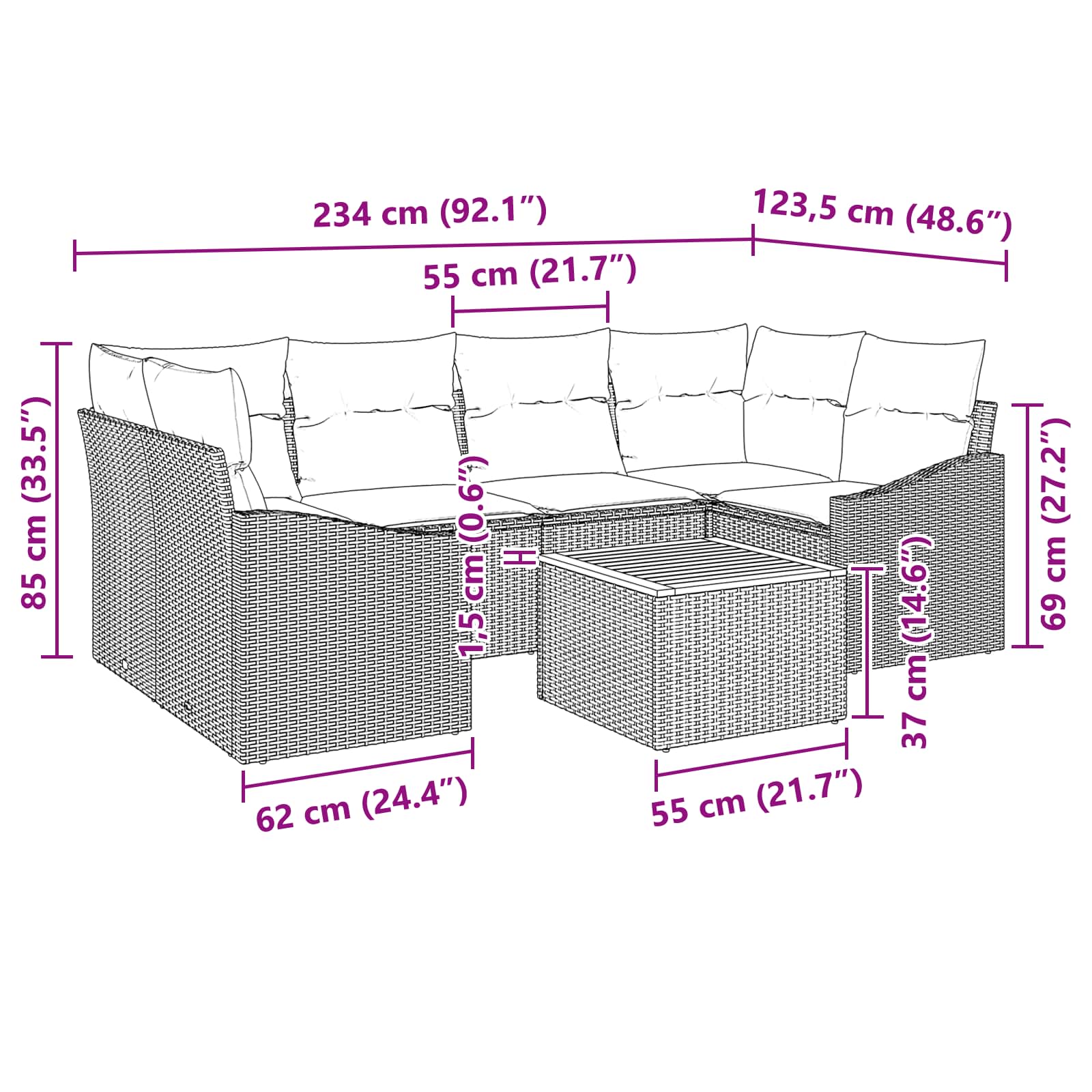 Tuinbankenset met kussen 7 pcs Zwart poly rattan