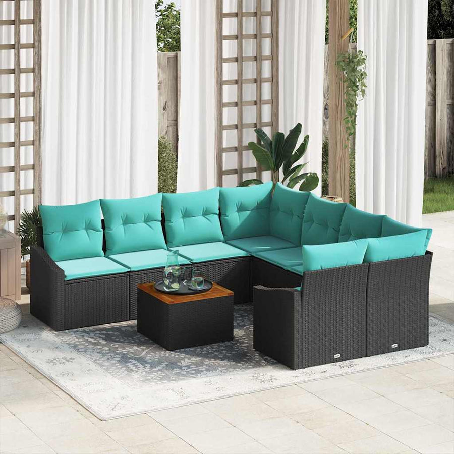 Tuinbankenset met kussen 9 pcs Zwart poly rattan