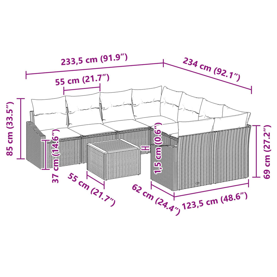 Tuinbankenset met kussen 9 pcs Zwart poly rattan