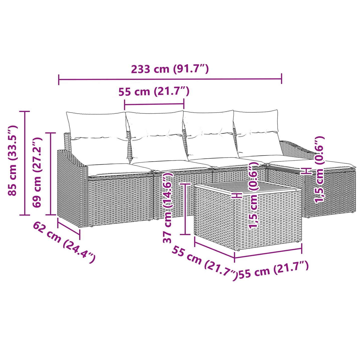 Tuinbankenset met kussen 6 pcs Zwart poly rattan