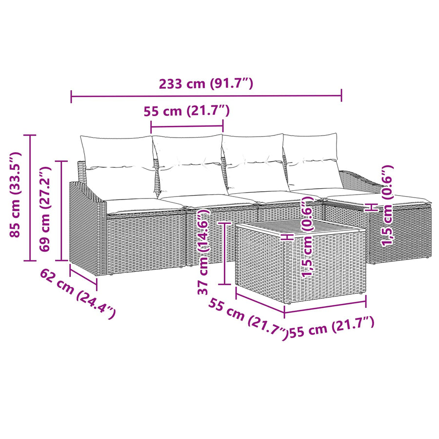 Tuinbankenset met kussen 6 pcs Zwart poly rattan